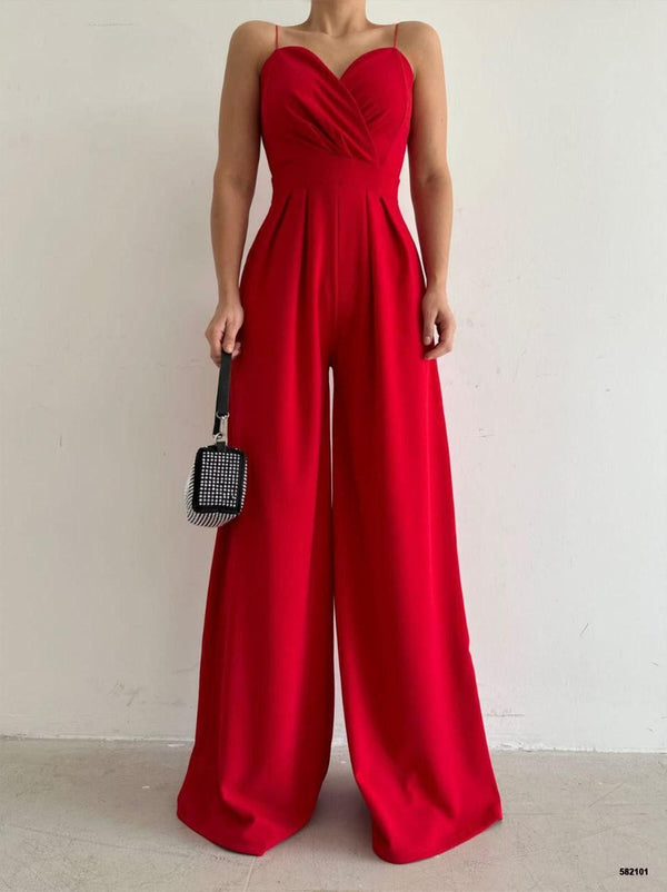 Trendusfashion Kadın Askılı Drapeli Geniş Paça Abiye Tulum