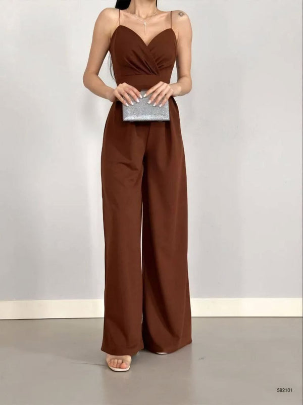 Trendusfashion Kadın Askılı Drapeli Geniş Paça Abiye Tulum