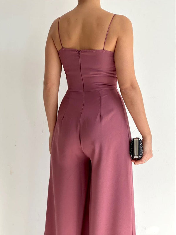 Trendusfashion Kadın Askılı Drapeli Geniş Paça Abiye Tulum