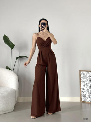 Trendusfashion Kadın Askılı Drapeli Geniş Paça Abiye Tulum