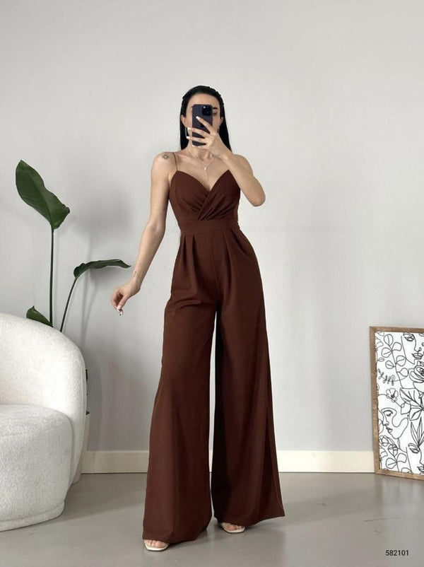 Trendusfashion Kadın Askılı Drapeli Geniş Paça Abiye Tulum