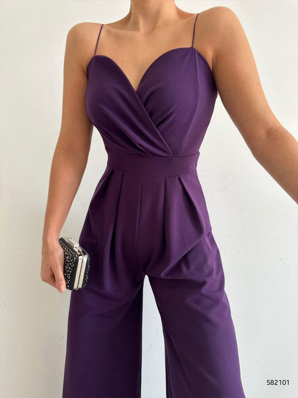 Trendusfashion Kadın Askılı Drapeli Geniş Paça Abiye Tulum