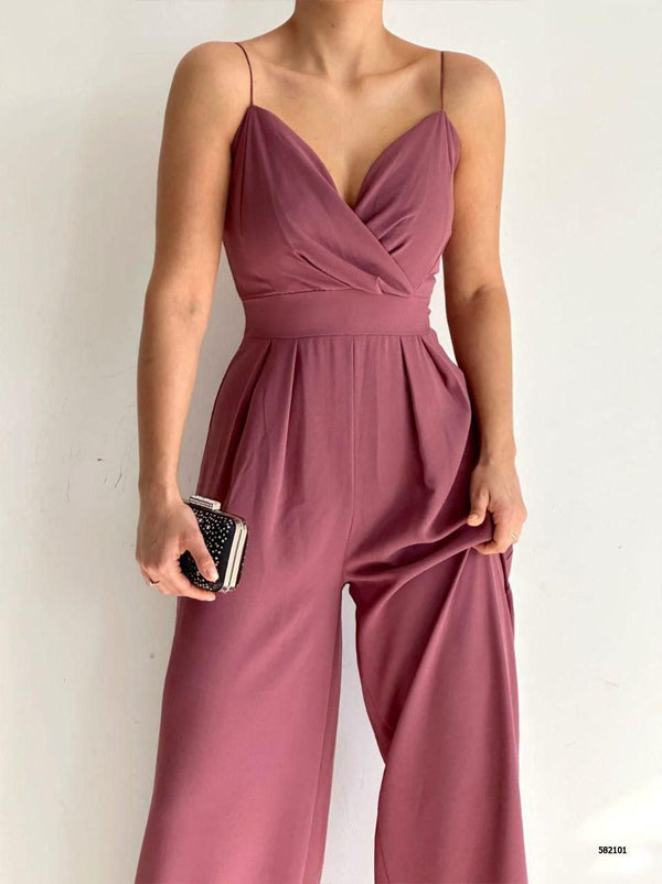 Trendusfashion Kadın Askılı Drapeli Geniş Paça Abiye Tulum