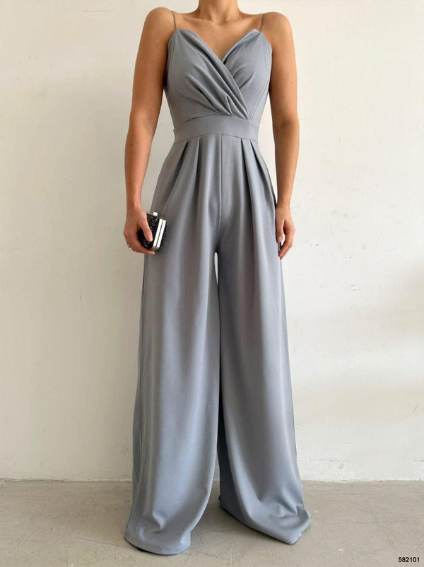 Trendusfashion Kadın Askılı Drapeli Geniş Paça Abiye Tulum