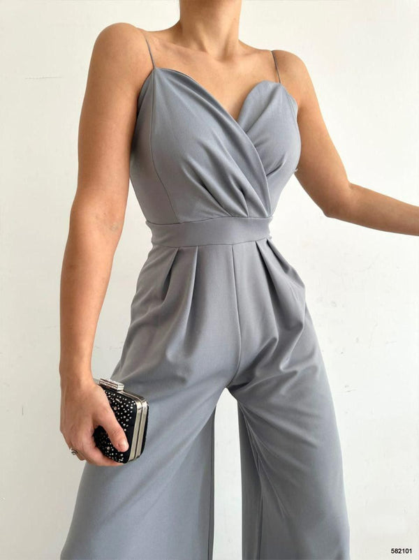 Trendusfashion Kadın Askılı Drapeli Geniş Paça Abiye Tulum