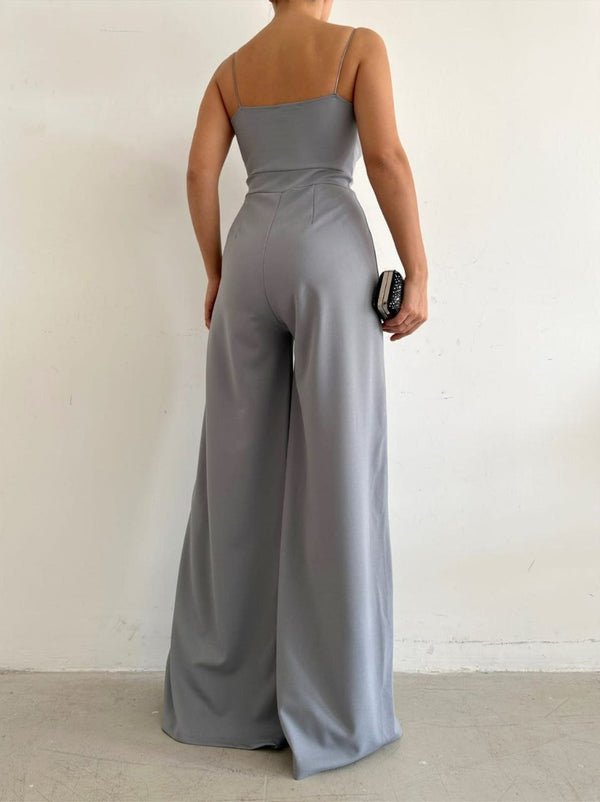 Trendusfashion Kadın Askılı Drapeli Geniş Paça Abiye Tulum