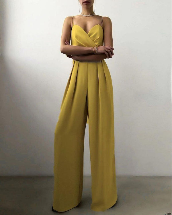 Trendusfashion Kadın Askılı Drapeli Geniş Paça Abiye Tulum