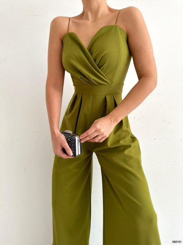 Trendusfashion Kadın Askılı Drapeli Geniş Paça Abiye Tulum