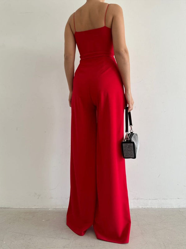 Trendusfashion Kadın Askılı Drapeli Geniş Paça Abiye Tulum