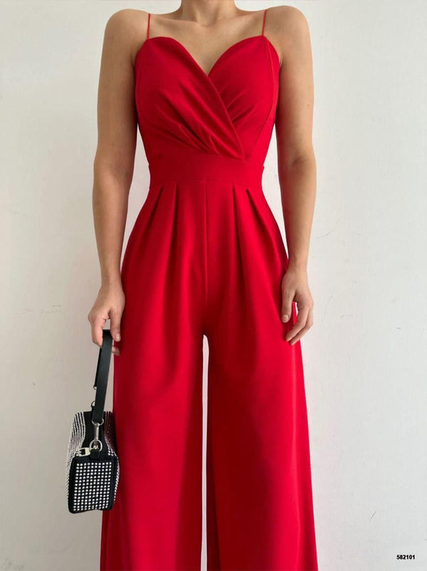 Trendusfashion Kadın Askılı Drapeli Geniş Paça Abiye Tulum