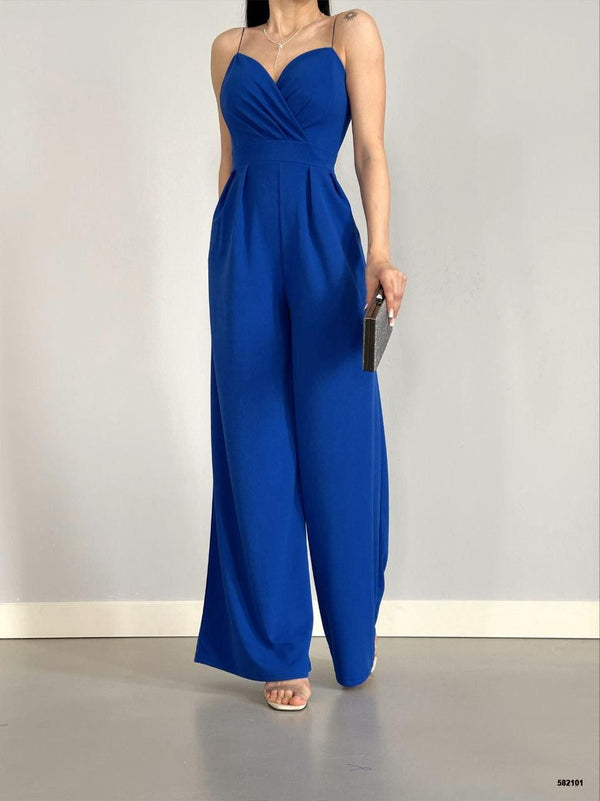 Trendusfashion Kadın Askılı Drapeli Geniş Paça Abiye Tulum