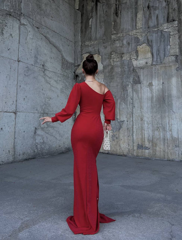 Trendusfashion Kadın Tek Omuz Drapeli Uzun Abiye Elbise - Şık ve Zarif Tasarım