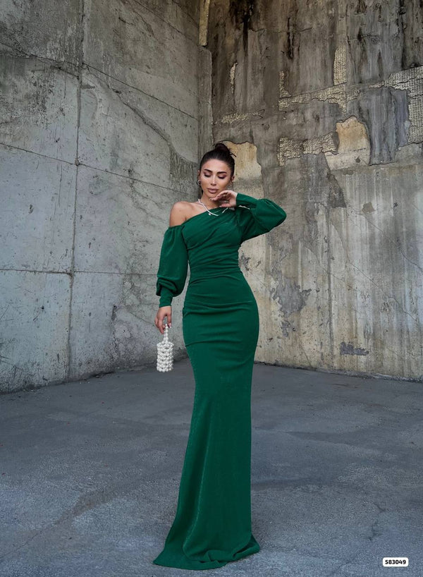 Trendusfashion Kadın Tek Omuz Drapeli Uzun Abiye Elbise - Şık ve Zarif Tasarım