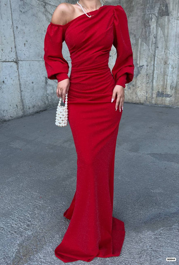 Trendusfashion Kadın Tek Omuz Drapeli Uzun Abiye Elbise - Şık ve Zarif Tasarım