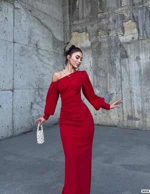 Trendusfashion Kadın Tek Omuz Drapeli Uzun Abiye Elbise - Şık ve Zarif Tasarım