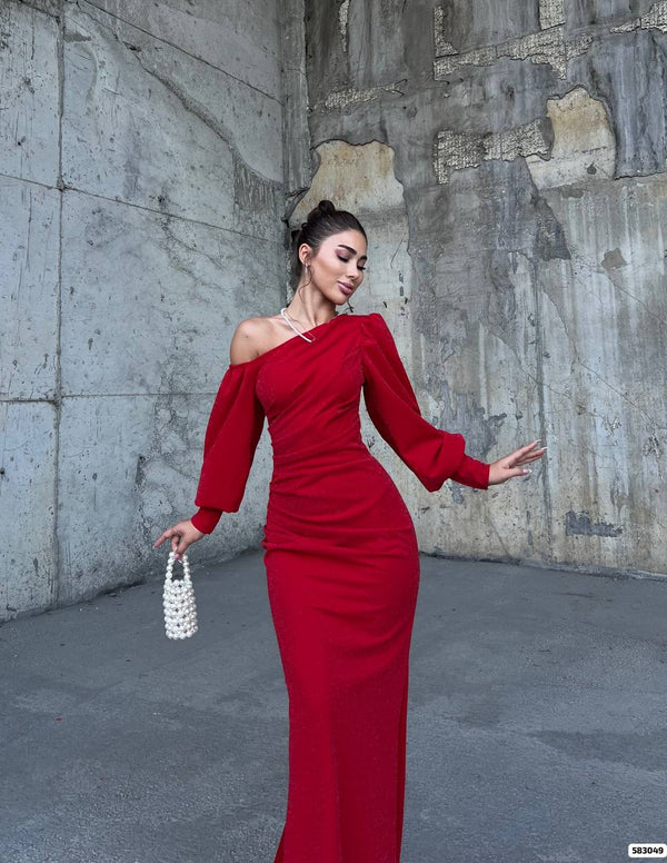 Trendusfashion Kadın Tek Omuz Drapeli Uzun Abiye Elbise - Şık ve Zarif Tasarım