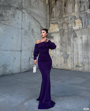 Trendusfashion Kadın Tek Omuz Drapeli Uzun Abiye Elbise - Şık ve Zarif Tasarım