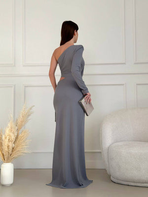 Trendusfashion Kadın Tek Omuz Yırtmaçlı ve Bel Dekolteli Uzun Abiye Elbise - Şık ve Modern Tasarım