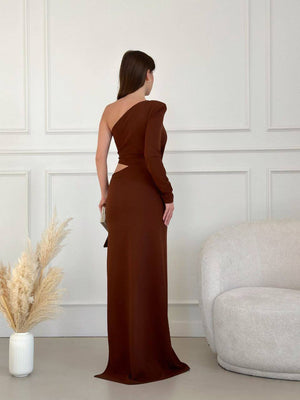 Trendusfashion Kadın Tek Omuz Yırtmaçlı ve Bel Dekolteli Uzun Abiye Elbise - Şık ve Modern Tasarım