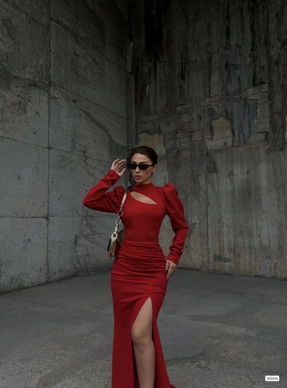 Trendusfashion Kadın Yırtmaç Detaylı Uzun Kollu Gece Elbisesi - Şık ve Zarif Tasarım