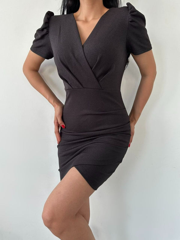 Trendusfashion Kadın Zarif V Yaka Pile Detaylı Mini Elbise