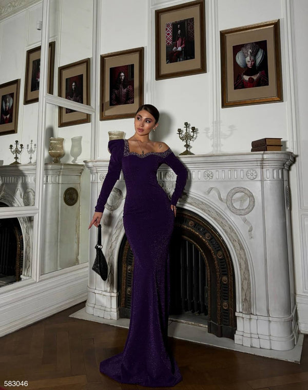 Trendusfashion Parlak Taşlı Uzun Abiye Elbise - Şık Gece Elbisesi