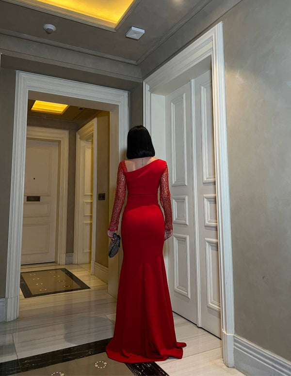 Trendusfashion Tek Omuz Tül Detaylı Uzun Elbise - Zarif ve Şık Tasarım