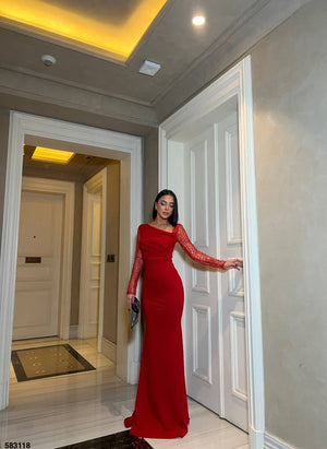 Trendusfashion Tek Omuz Tül Detaylı Uzun Elbise - Zarif ve Şık Tasarım
