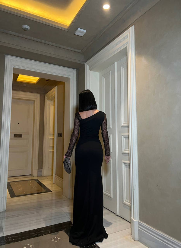 Trendusfashion Tek Omuz Tül Detaylı Uzun Elbise - Zarif ve Şık Tasarım