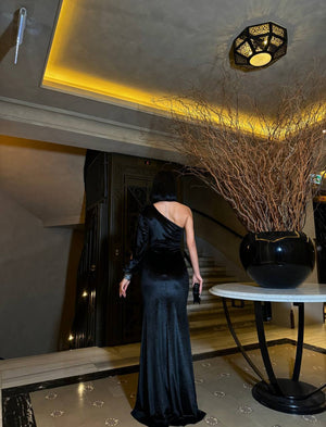 Trendusfashion Tek Omuz Uzun Kadife Abiye Elbise - Yırtmaçlı ve Taş Detaylı