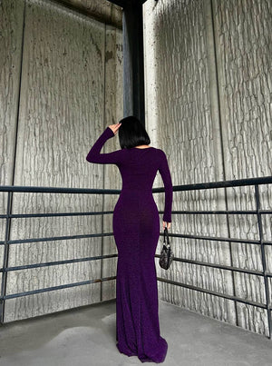 Trendusfashion Uzun Kollu Balık Model Abiye Elbise - V Yaka ve Parlak Kumaş