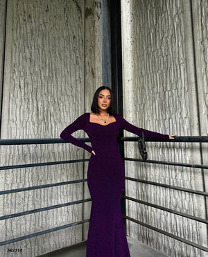 Trendusfashion Uzun Kollu Balık Model Abiye Elbise - V Yaka ve Parlak Kumaş