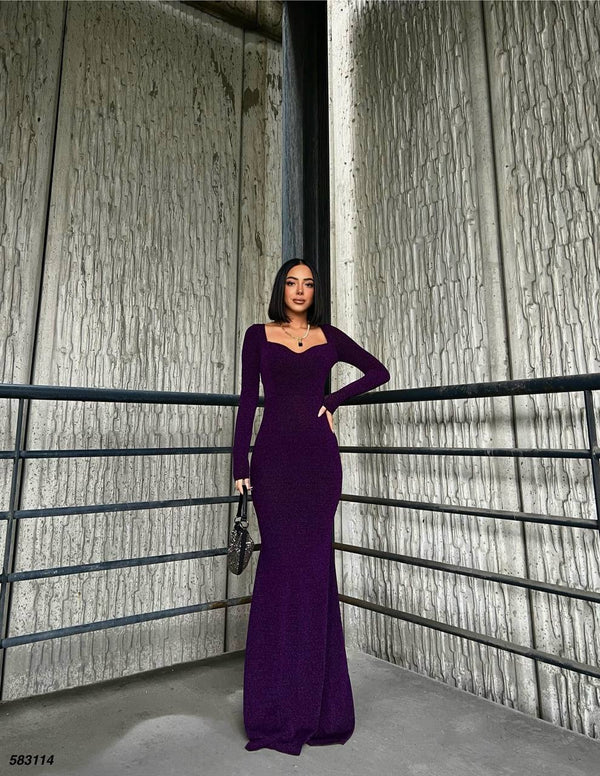 Trendusfashion Uzun Kollu Balık Model Abiye Elbise - V Yaka ve Parlak Kumaş