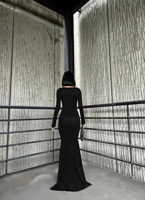 Trendusfashion Uzun Kollu Balık Model Abiye Elbise - V Yaka ve Parlak Kumaş