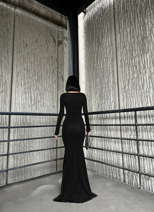 Trendusfashion Uzun Kollu Balık Model Abiye Elbise - V Yaka ve Parlak Kumaş