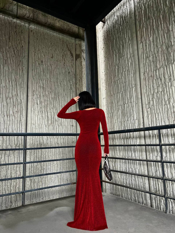 Trendusfashion Uzun Kollu Balık Model Abiye Elbise - V Yaka ve Parlak Kumaş