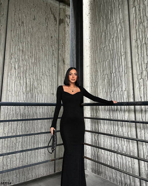 Trendusfashion Uzun Kollu Balık Model Abiye Elbise - V Yaka ve Parlak Kumaş