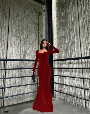 Trendusfashion Uzun Kollu Balık Model Abiye Elbise - V Yaka ve Parlak Kumaş