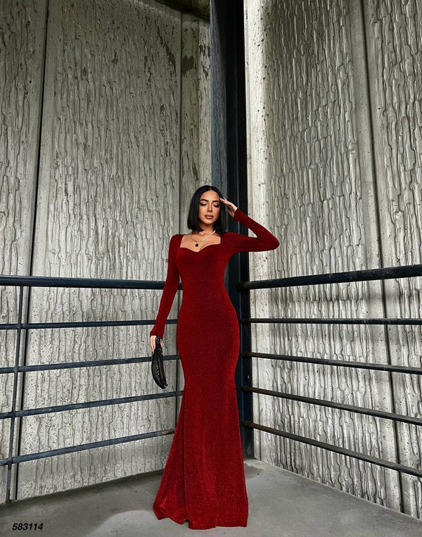 Trendusfashion Uzun Kollu Balık Model Abiye Elbise - V Yaka ve Parlak Kumaş