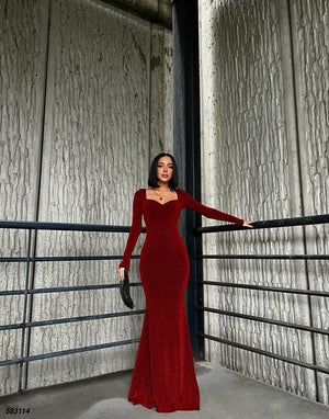 Trendusfashion Uzun Kollu Balık Model Abiye Elbise - V Yaka ve Parlak Kumaş