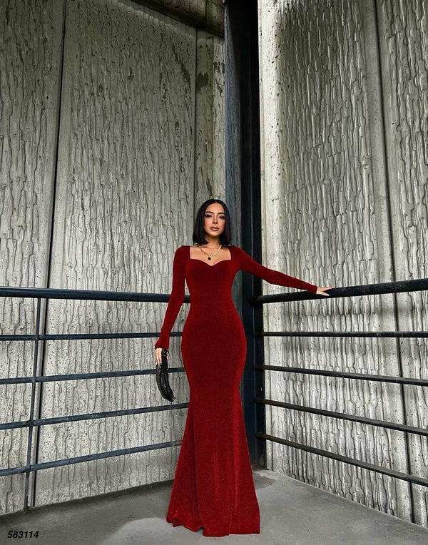 Trendusfashion Uzun Kollu Balık Model Abiye Elbise - V Yaka ve Parlak Kumaş