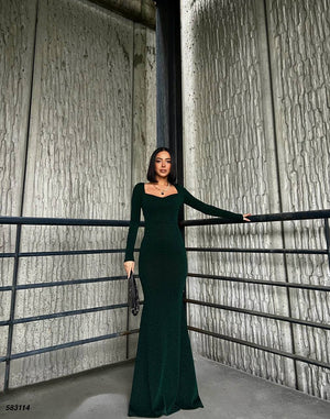 Trendusfashion Uzun Kollu Balık Model Abiye Elbise - V Yaka ve Parlak Kumaş