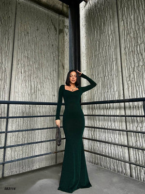 Trendusfashion Uzun Kollu Balık Model Abiye Elbise - V Yaka ve Parlak Kumaş