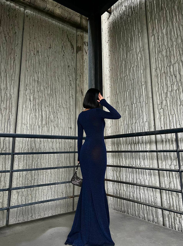 Trendusfashion Uzun Kollu Balık Model Abiye Elbise - V Yaka ve Parlak Kumaş