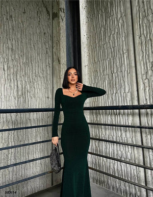 Trendusfashion Uzun Kollu Balık Model Abiye Elbise - V Yaka ve Parlak Kumaş