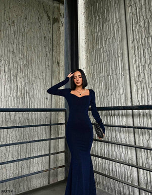 Trendusfashion Uzun Kollu Balık Model Abiye Elbise - V Yaka ve Parlak Kumaş