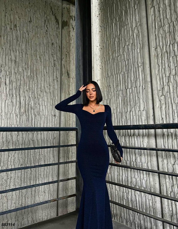 Trendusfashion Uzun Kollu Balık Model Abiye Elbise - V Yaka ve Parlak Kumaş