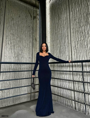 Trendusfashion Uzun Kollu Balık Model Abiye Elbise - V Yaka ve Parlak Kumaş