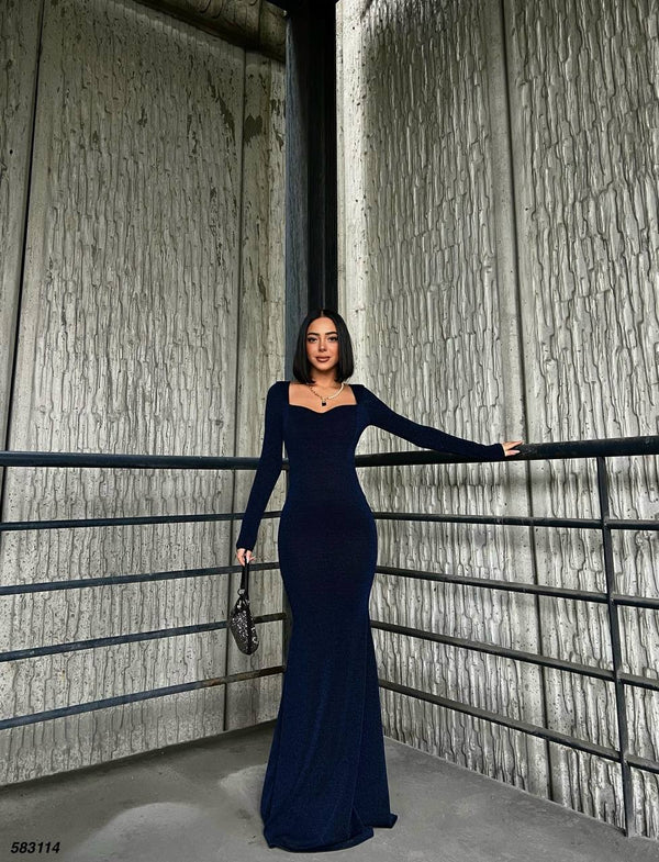 Trendusfashion Uzun Kollu Balık Model Abiye Elbise - V Yaka ve Parlak Kumaş