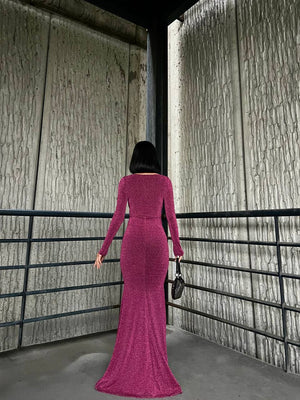 Trendusfashion Uzun Kollu Balık Model Abiye Elbise - V Yaka ve Parlak Kumaş